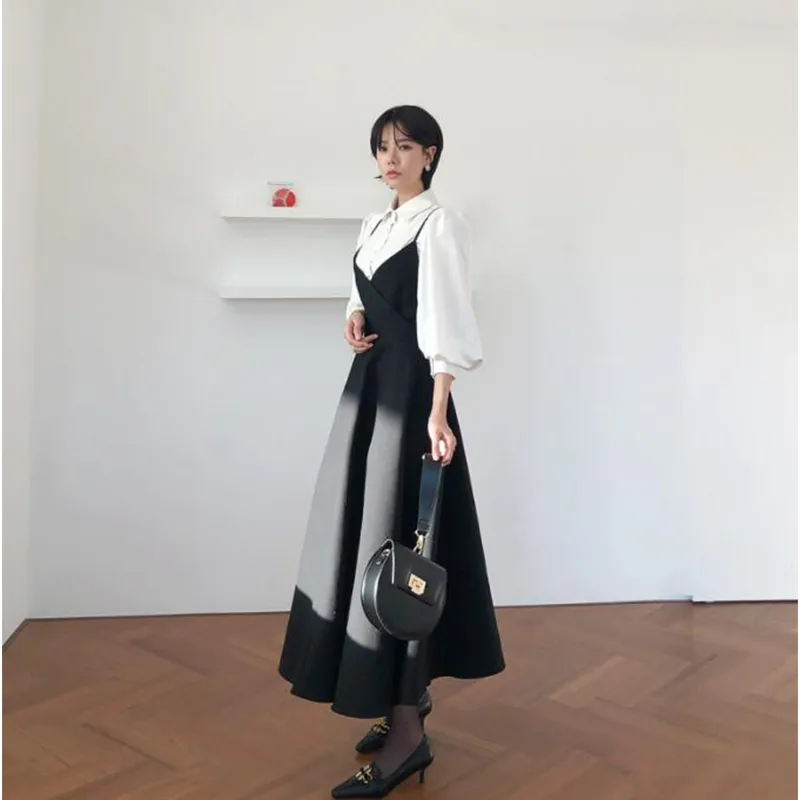 Purpdrank - New Spring Dress Women Single Breasted Lantern Sleeve Shirt Set Camisole Bow Pleated Solid Dresses