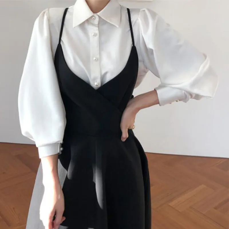 Purpdrank - New Spring Dress Women Single Breasted Lantern Sleeve Shirt Set Camisole Bow Pleated Solid Dresses