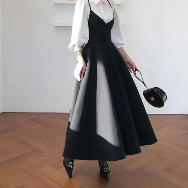 Purpdrank - New Spring Dress Women Single Breasted Lantern Sleeve Shirt Set Camisole Bow Pleated Solid Dresses