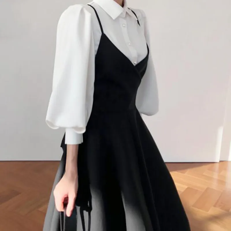 Purpdrank - New Spring Dress Women Single Breasted Lantern Sleeve Shirt Set Camisole Bow Pleated Solid Dresses