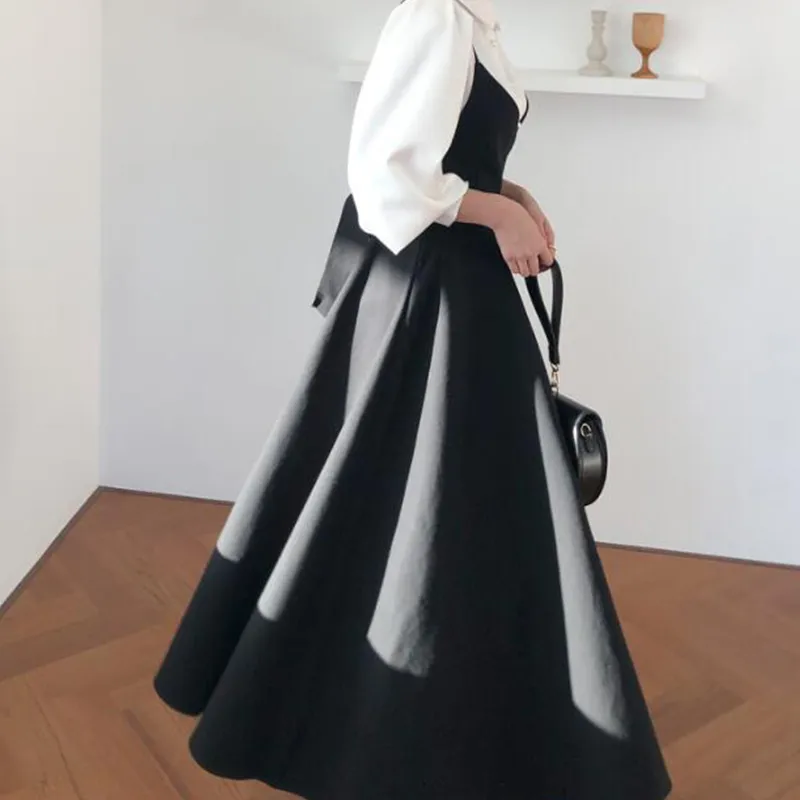 Purpdrank - New Spring Dress Women Single Breasted Lantern Sleeve Shirt Set Camisole Bow Pleated Solid Dresses