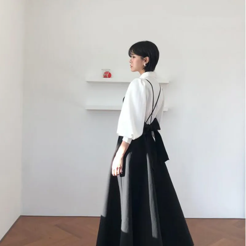 Purpdrank - New Spring Dress Women Single Breasted Lantern Sleeve Shirt Set Camisole Bow Pleated Solid Dresses
