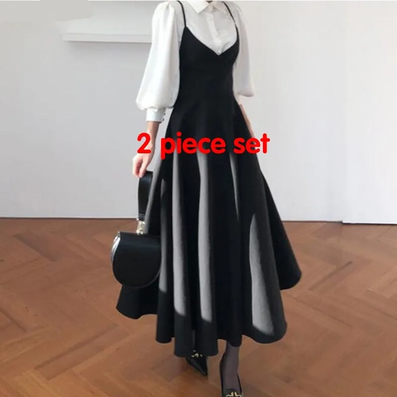 Purpdrank - New Spring Dress Women Single Breasted Lantern Sleeve Shirt Set Camisole Bow Pleated Solid Dresses