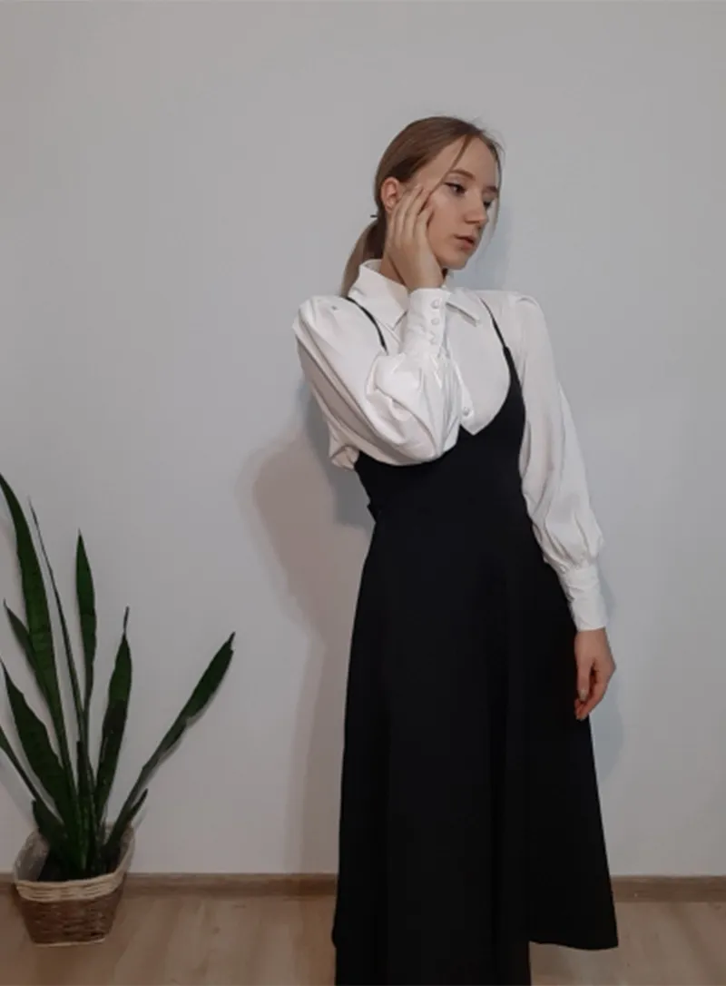 Purpdrank - New Spring Dress Women Single Breasted Lantern Sleeve Shirt Set Camisole Bow Pleated Solid Dresses