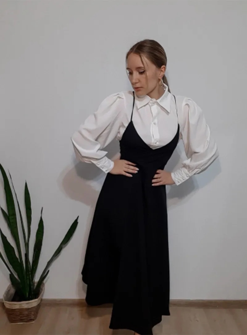 Purpdrank - New Spring Dress Women Single Breasted Lantern Sleeve Shirt Set Camisole Bow Pleated Solid Dresses