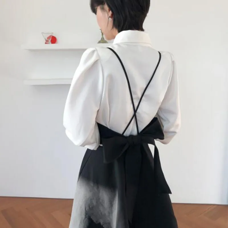 Purpdrank - New Spring Dress Women Single Breasted Lantern Sleeve Shirt Set Camisole Bow Pleated Solid Dresses