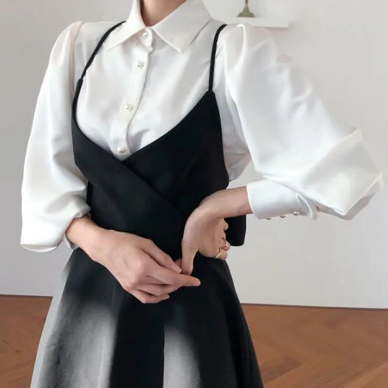 Purpdrank - New Spring Dress Women Single Breasted Lantern Sleeve Shirt Set Camisole Bow Pleated Solid Dresses