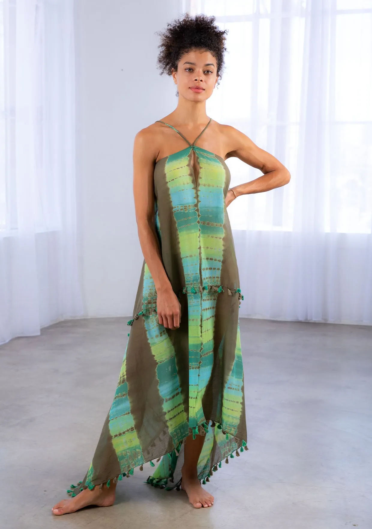 Sheer Tie Dye Stripe Scarf Maxi Dress Cover Up