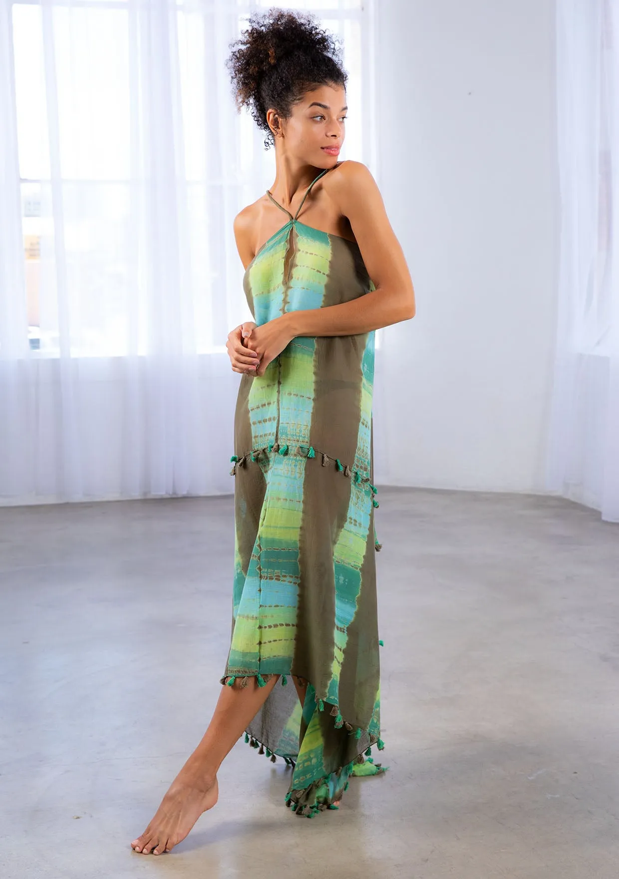 Sheer Tie Dye Stripe Scarf Maxi Dress Cover Up