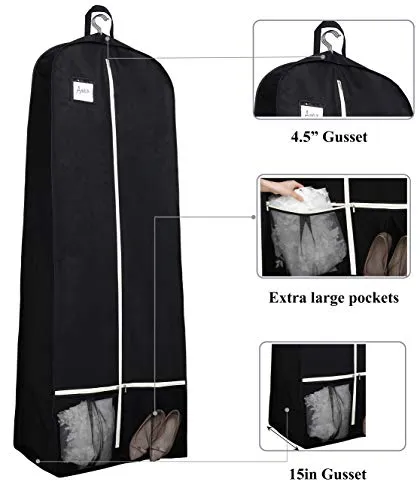 Sleeping Lamb 72" Bridal Wedding Gown Dress Garment Bag 15" Gusseted Garment Cover Shoe Pockets Travel Garment Storage Bag for Prom, Evening Gowns, Black