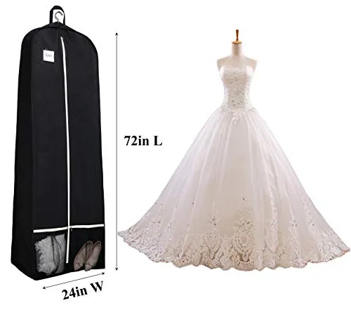 Sleeping Lamb 72" Bridal Wedding Gown Dress Garment Bag 15" Gusseted Garment Cover Shoe Pockets Travel Garment Storage Bag for Prom, Evening Gowns, Black