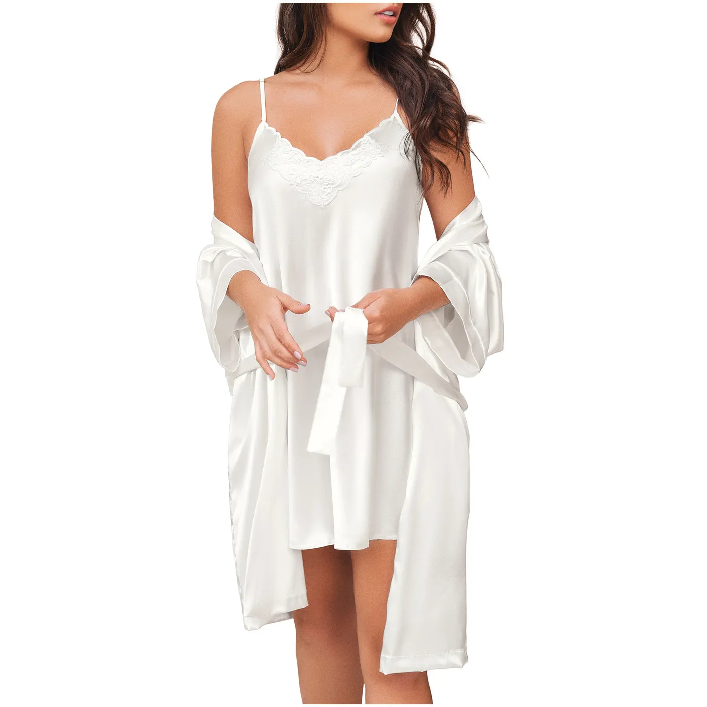 SONRYSE 378 Women Satin Dress Silk Robes with Lace Details