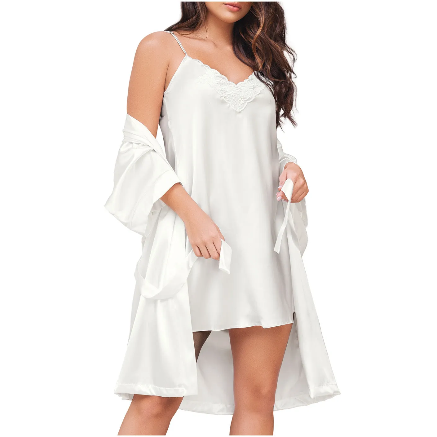 SONRYSE 378 Women Satin Dress Silk Robes with Lace Details