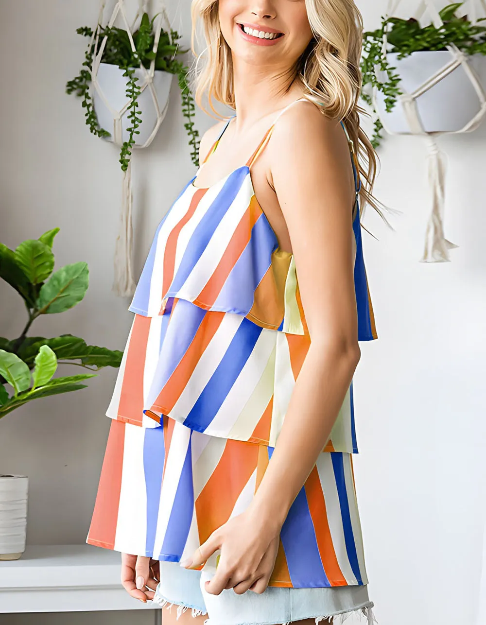 Striped Print Pleated Strap Backless Camisole