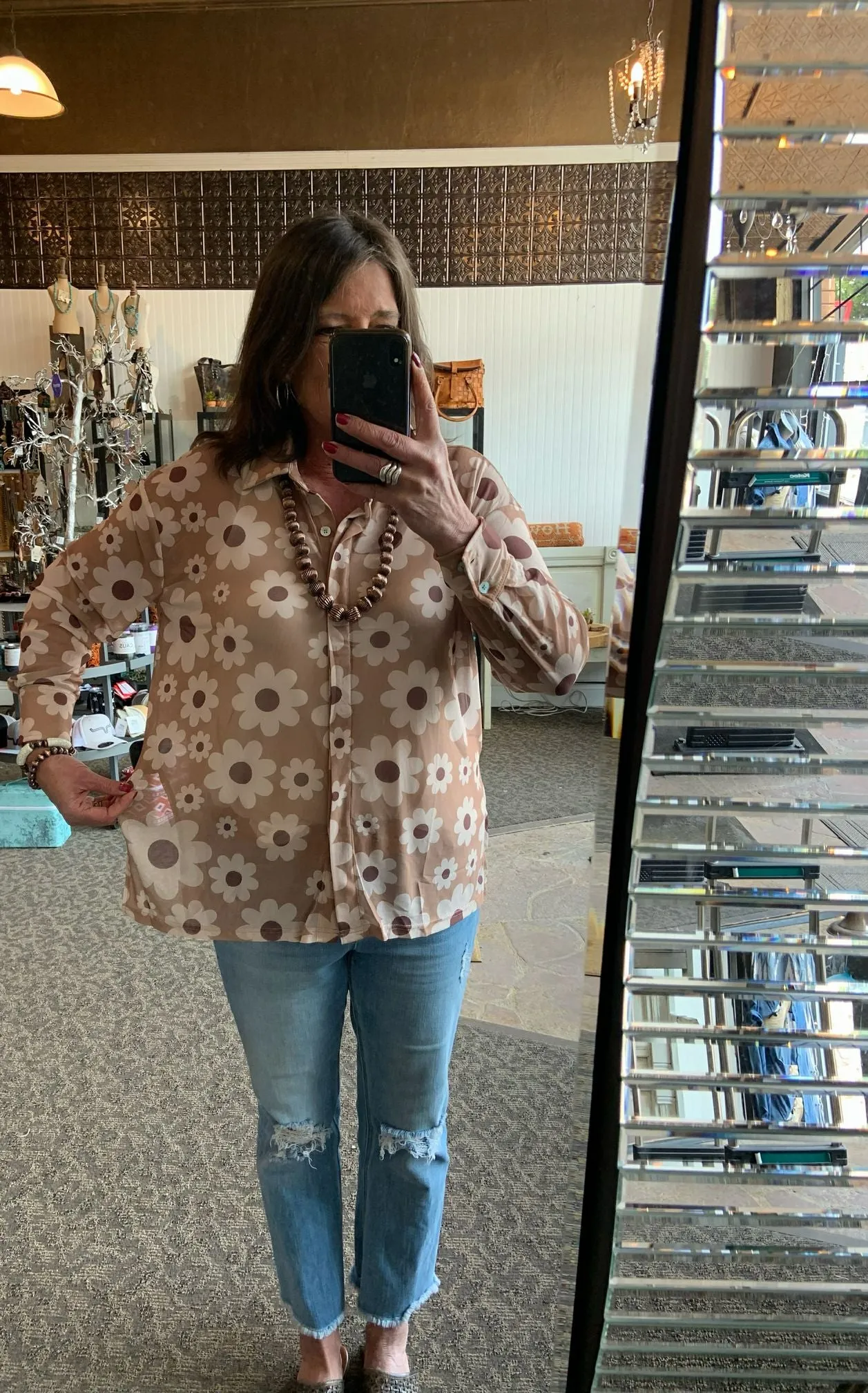 Tan Floral   Mesh Oversized Button Front Shirt - SML