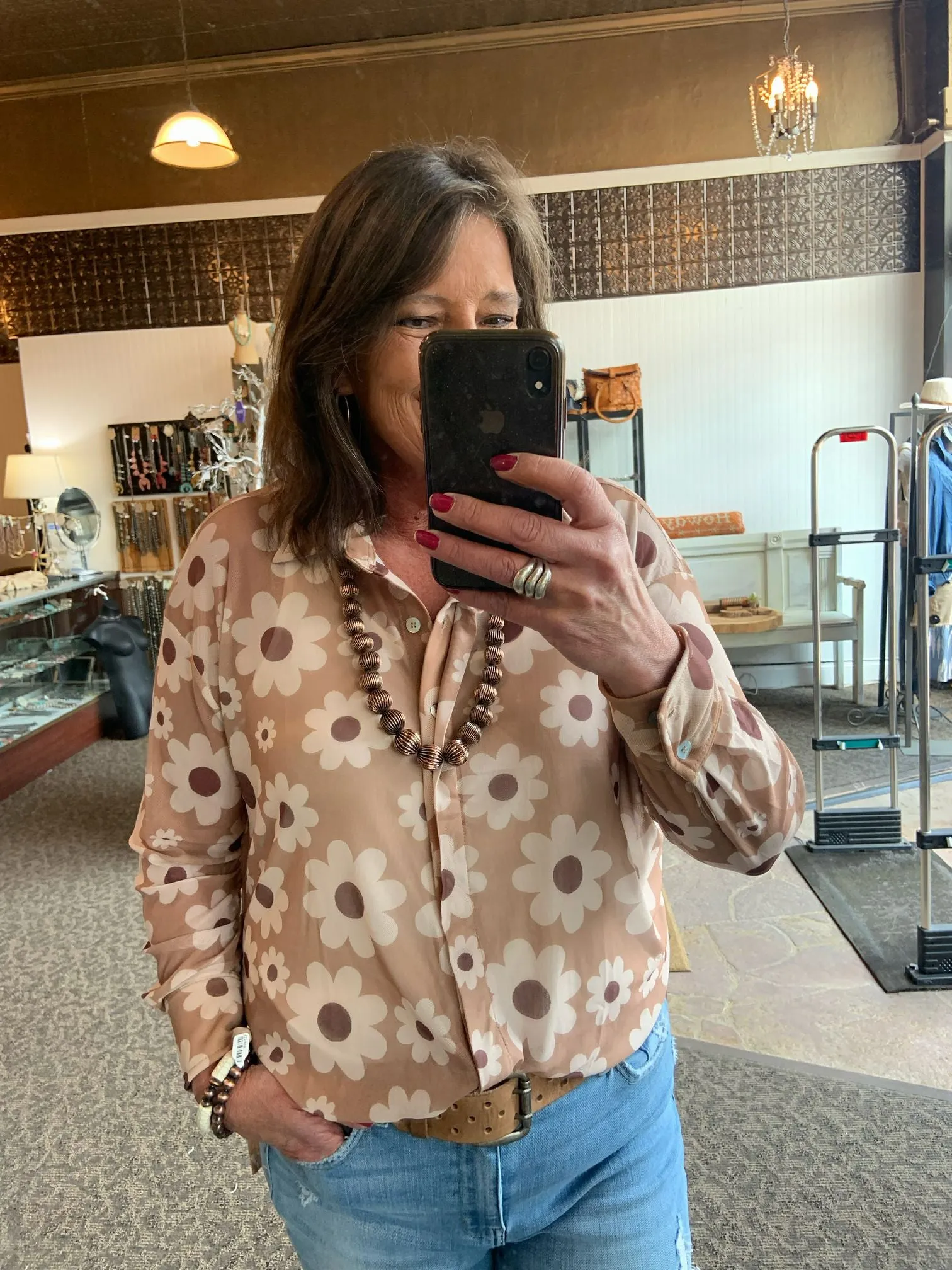 Tan Floral   Mesh Oversized Button Front Shirt - SML