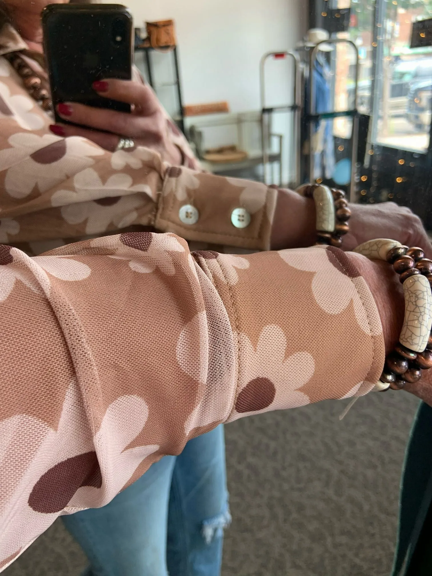 Tan Floral   Mesh Oversized Button Front Shirt - SML