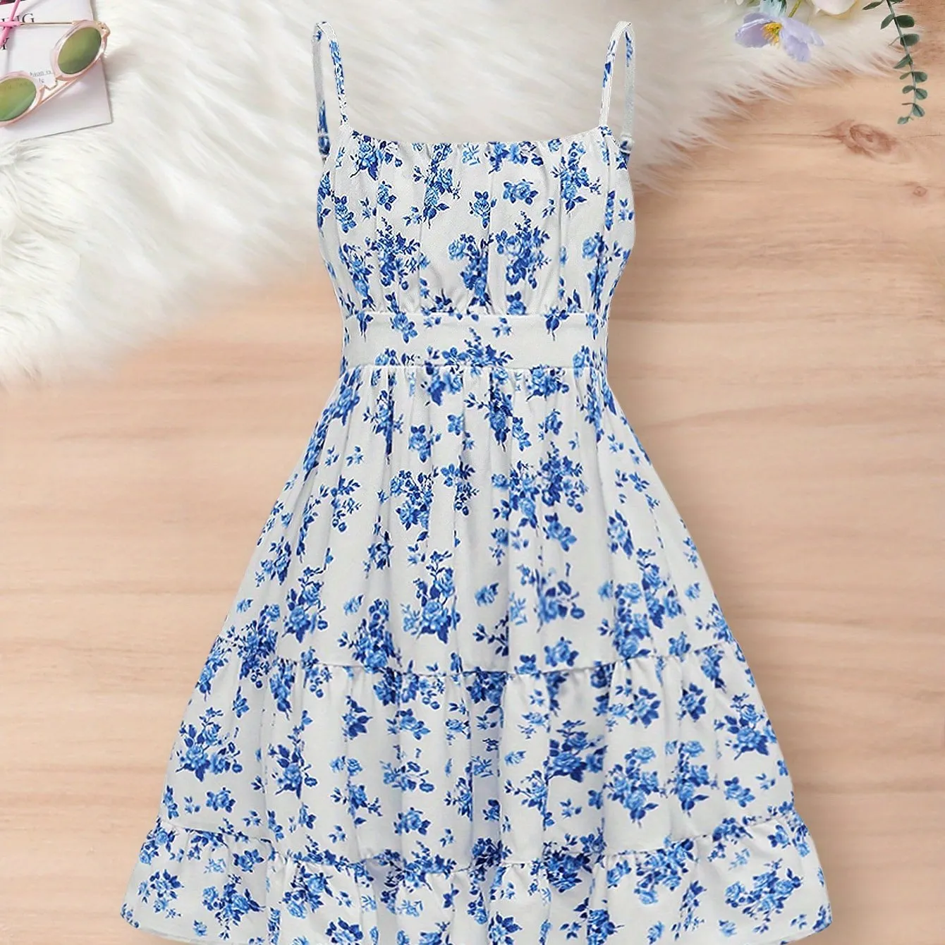 Vibrant Floral A-line Sleeveless Cami Dress for Girls - Lightweight, Non-Stretch, Regular Fit, Polyester, Ditsy Pattern, Summer Vacation Essential, Casual, Dressy, Knit Fabric, Perfect Gift for Little Princesses