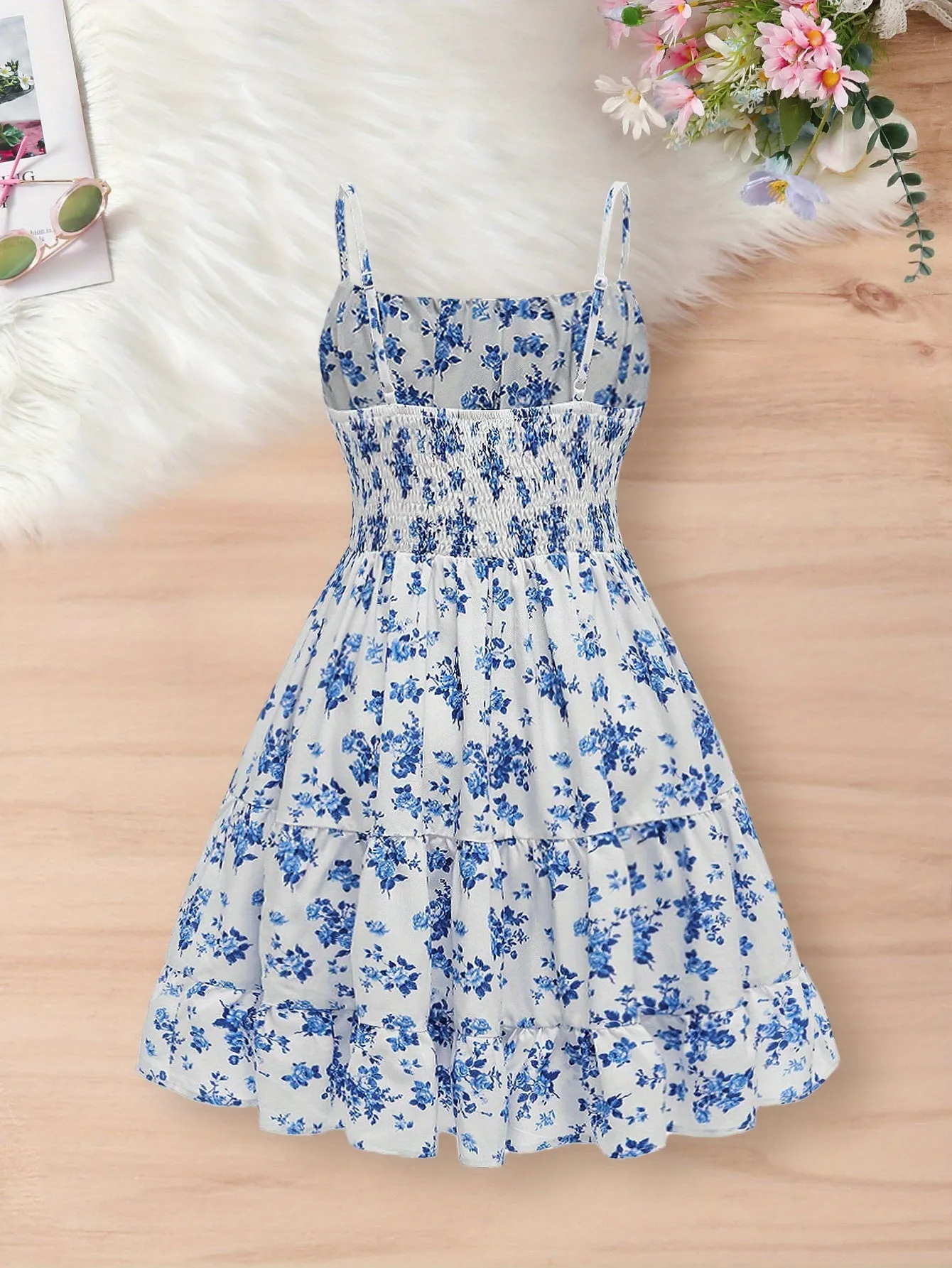 Vibrant Floral A-line Sleeveless Cami Dress for Girls - Lightweight, Non-Stretch, Regular Fit, Polyester, Ditsy Pattern, Summer Vacation Essential, Casual, Dressy, Knit Fabric, Perfect Gift for Little Princesses