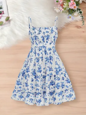 Vibrant Floral A-line Sleeveless Cami Dress for Girls - Lightweight, Non-Stretch, Regular Fit, Polyester, Ditsy Pattern, Summer Vacation Essential, Casual, Dressy, Knit Fabric, Perfect Gift for Little Princesses
